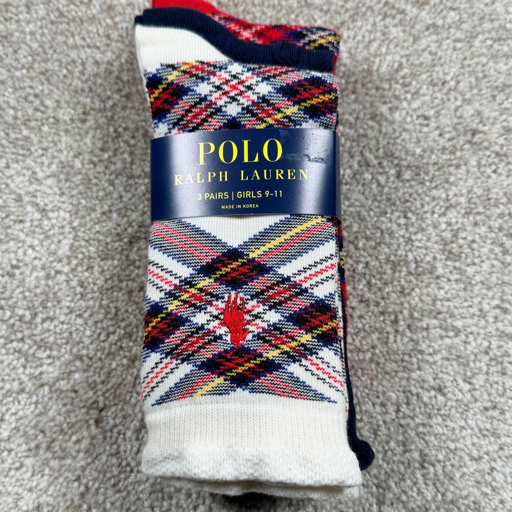 Polo Ralph Lauren Girls 3 Pack Crew Socks Plaid Navy Cable Knit Size 9-11 NEW